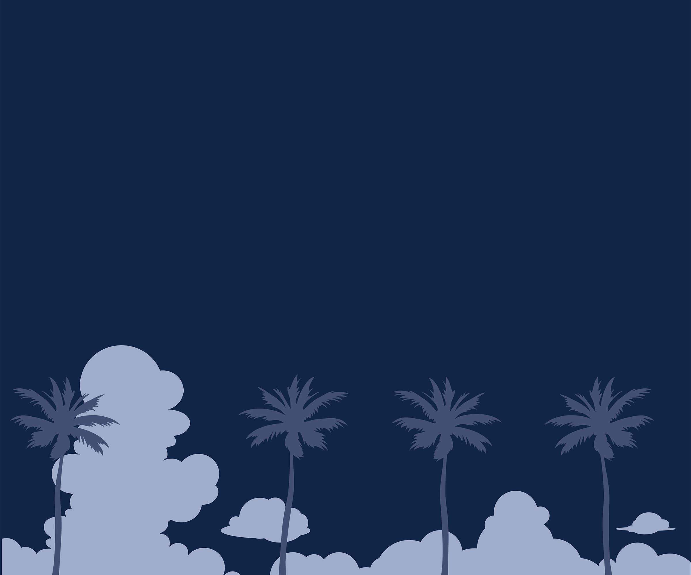 Illustration of tall palm trees, surrounded by clouds on a blue background.