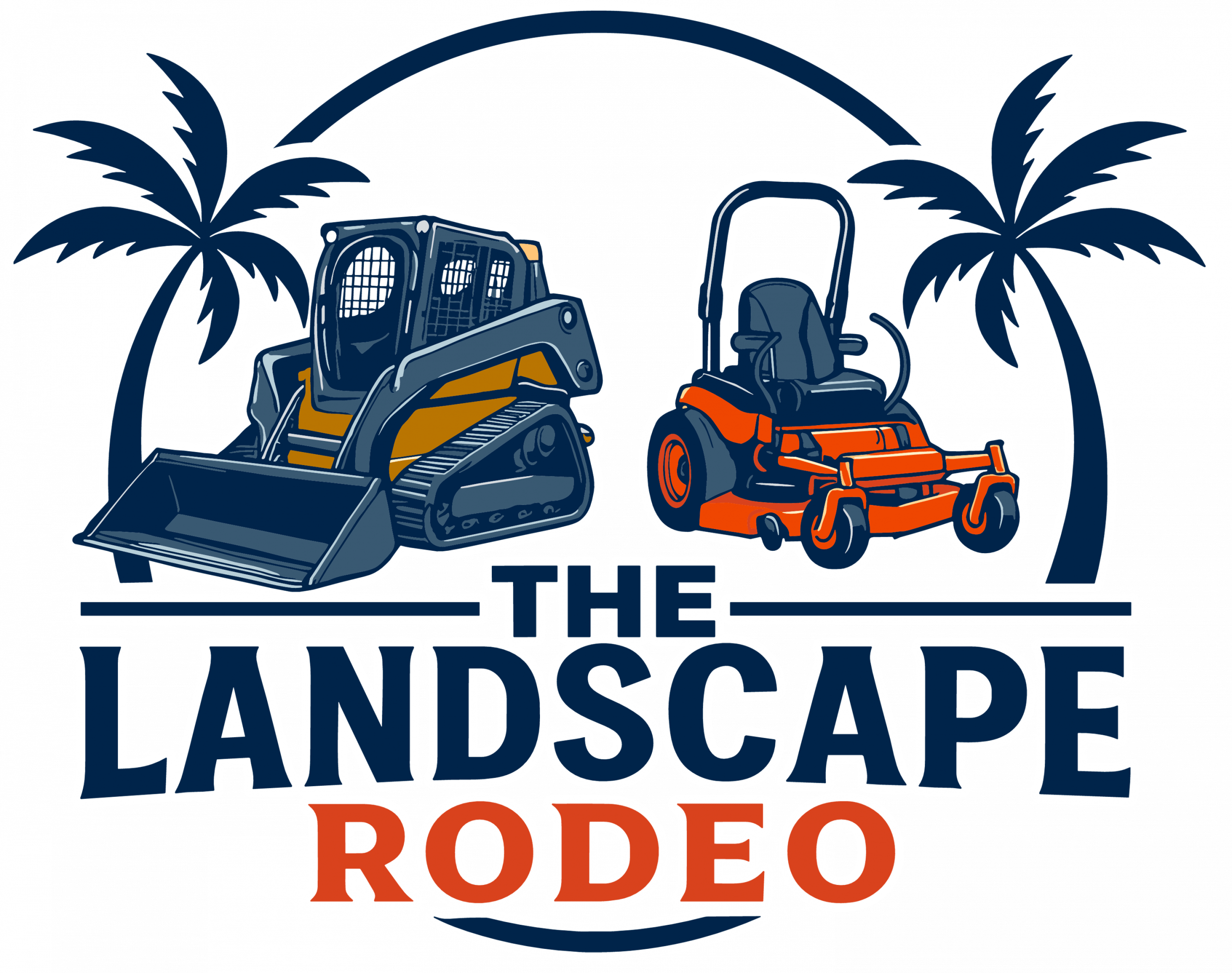 Illustration of construction and landscaping equipment between two palm trees, with bold text "The Landscape Rodeo" below, against a green background.